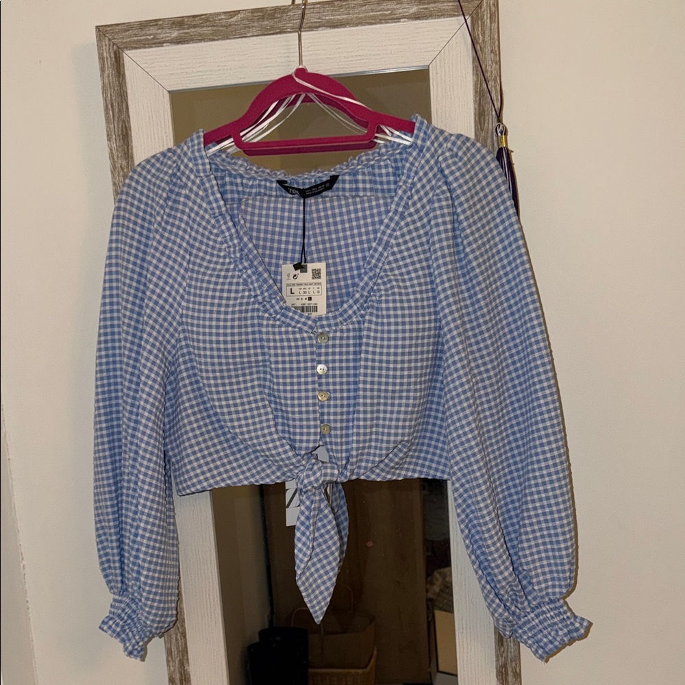 Zara Blue Checkered Button-Up Blouse
